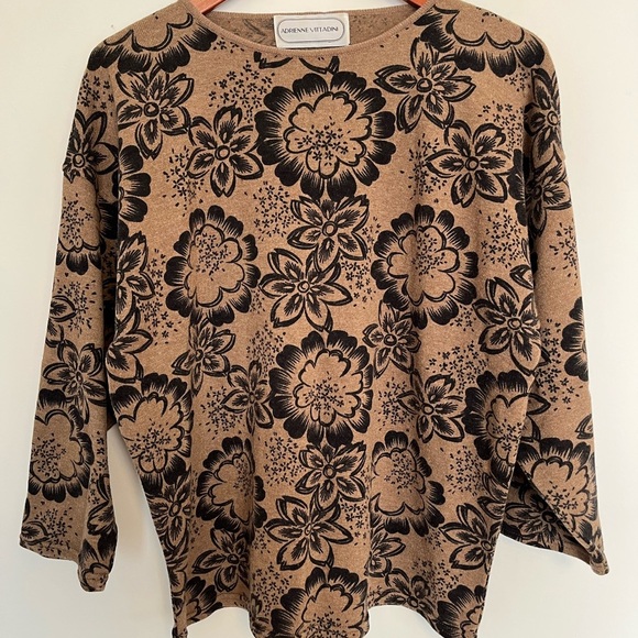 Adrienne Vittadini Tan Black Floral Knit Sweater Size Large - Picture 2 of 5
